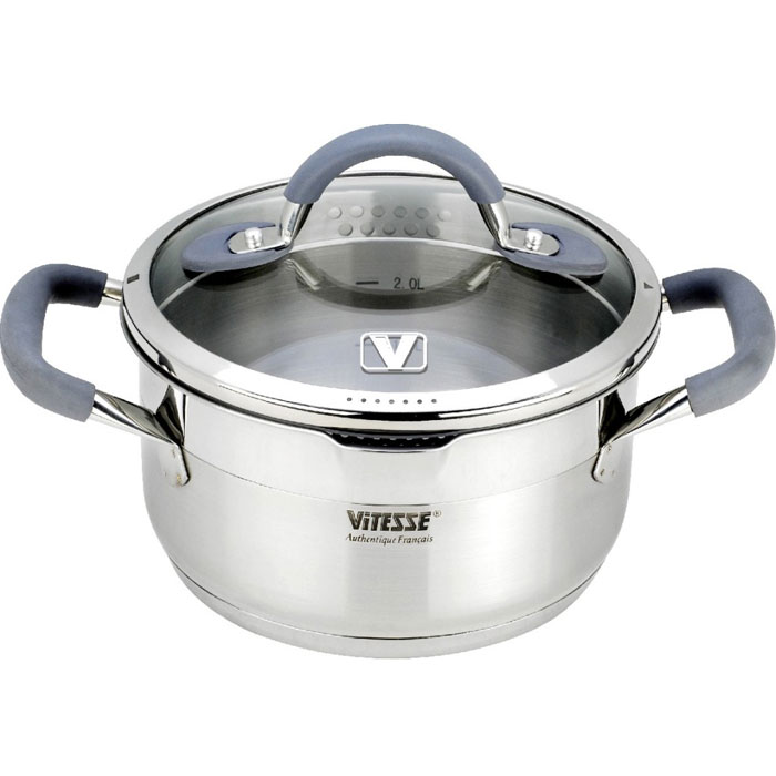 Кастрюля Vitesse UniQ с крышкой, 4,3 л. VS-2115VS-2115 Кастрюля Vitesse UniQ с крышкой, 4,3 л. VS-2115VS-2115Кастрюля Vitesse UniQ, изготовленная из высококачественной нержавеющей стали 18/10 с зеркальной полировкой верхней части и матовой полировкой нижней части. Она прекрасно подойдет для вашей кухни. Особенности кастрюли Vitesse UniQ: Кастрюля имеет многослойное термоаккумулирующее дно с прослойкой из алюминия, что обеспечивает равномерное распределение тепла. На внутренней стороне кастрюли имеется шкала литража, что обеспечивает дополнительное удобство при приготовлении пищи. Литые ручки из нержавеющей стали с силиконовым покрытием обеспечивают удобство при эксплуатации. Прозрачная крышка из термостойкого стекла с ободком из силикона. Позволяет беззвучно закрывать крышку и следить за процессом приготовления. Крышка имеет 4 варианта положения: - полный слив; - слив через мелкий фильтр; - слив через крупный фильтр; - закрыто. На кромке кастрюли имеется носик для слива воды. Кастрюля подходит для газовых,...