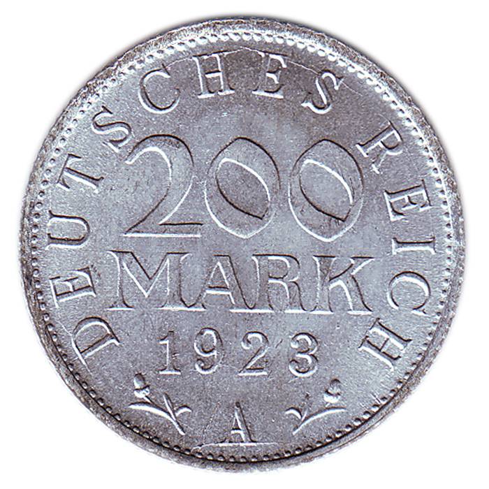 Монета номиналом 200 марок. Веймарская Республика, 1923 год211104 Монета номиналом 200 марок. Веймарская Республика, 1923 год211104Монета номиналом 200 марок. Веймарская Республика, 1923 год. Диаметр, мм: 23 Материал: Алюминий. Состояние: UNC (отличное, без обращения). Тираж, шт.: 174 900 000.