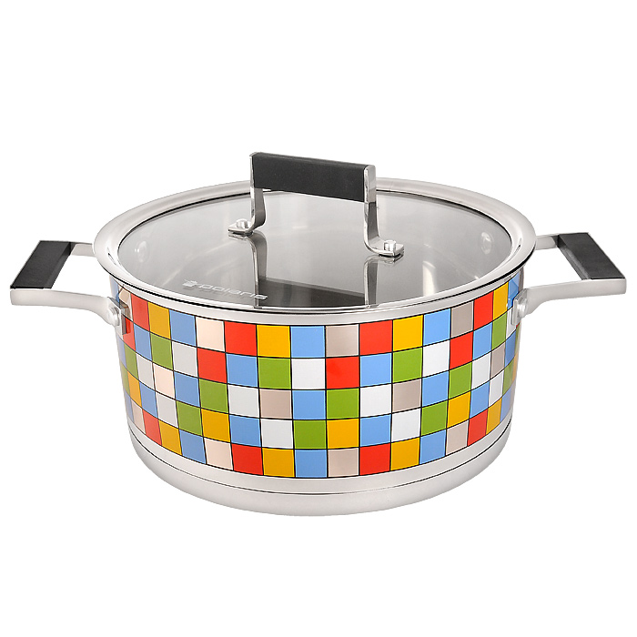 Кастрюля Polaris Mosaic с крышкой, 5 лMOSAIC 24С Кастрюля Polaris Mosaic с крышкой, 5 лMOSAIC 24СКастрюля Polaris Mosaic идеально подойдет для приготовления вкусной и здоровой пищи. Она изготовлена из высококачественной нетоксичной хромоникелевой нержавеющей стали 18/10. Зеркальная полировка с уникальной мозаичной деколью с внешней стороны придает посуде привлекательный вид. Специальное утолщенное тройное дно (5,6 мм) с прослойкой из алюминия (4,5 мм) обеспечивает быстрый и равномерный нагрев кастрюли. Специальная обработка стенок и дна значительно облегчает процесс чистки и мытья посуды. На внутренней стороне стенок имеются отметки литража, что является дополнительным удобством во время приготовления пищи. Кастрюля снабжена двумя удобными не нагревающимися комбинированными ручками из стали с силиконовыми вставками. К кастрюле прилагается крышка, которая позволяет готовить пищу без потери тепла, сокращает сроки приготовления продуктов, максимально сохраняет витамины, микроэлементы и питательные вещества. Она оснащена металлическим ободом и специальным отверстием для...