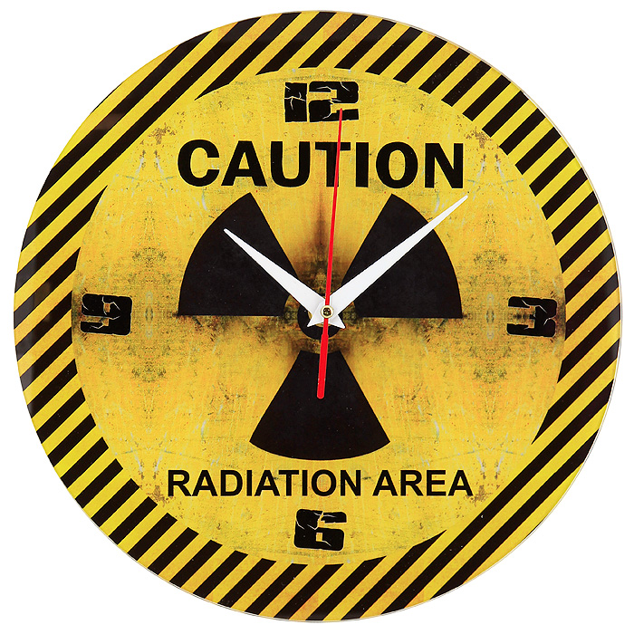 Часы настенные Caution93515 Часы настенные Caution93515Настенные кварцевые часы Caution своим необычным дизайном подчеркнут стильность и оригинальность интерьера вашего дома. Циферблат часов круглой формы выполнен из стекла и оформлен изображением знака Радиация. Часы имеют три стрелки - часовую, минутную и секундную. На задней стенке часов расположена металлическая петелька для подвешивания. Такие часы послужат отличным подарком для ценителя ярких и необычных вещей. Характеристики: Материал: стекло, металл. Диаметр часов: 28 см. Размер упаковки: 30 см х 29,5 см х 4,5 см. Артикул: 93515. Рекомендуется докупить батарейку типа АА (не входит в комплект).
