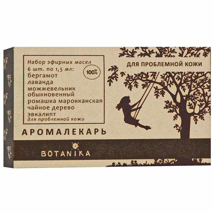 Набор эфирных масел Botanika, для проблемой кожи, 6x1,5 мл00007935 Набор эфирных масел Botanika, для проблемой кожи, 6x1,5 мл00007935В набор Botanika для проблемной кожи входят 100% эфирные масла: чайное дерево, можжевельник обыкновенный, бергамот, лаванда, ромашка марокканская, эвкалипт. Проблемная кожа нуждается в постоянном и особенно тщательном уходе. Ее необходимо дезинфицировать, чтобы избежать высыпаний и воспалений, но при этом питать, увлажнять и стимулировать регенерацию тканей. Выбор косметических средств для проблемной кожи - задача не из легких. Эфирные масла помогут вам справиться с проблемами и сделать кожу гладкой и здоровой: с их помощью вы можете создать собственный рецепт красоты или усилить действие ваших любимый кремов, тоников и других средств ухода за кожей. Характеристики: Объем: 6 x 1,5 мл. Производитель: Россия. Товар сертифицирован.