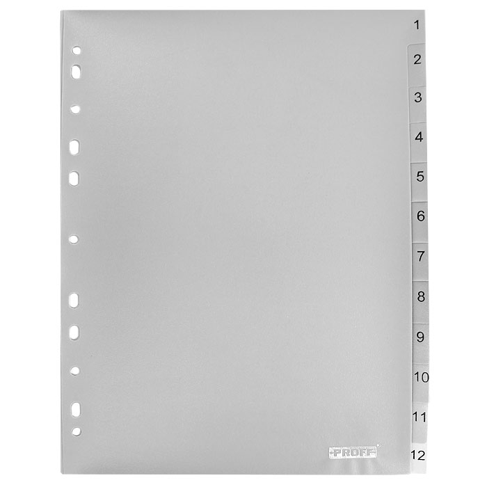 Разделитель цифровой Proff, пластиковый, 1-12, цвет: серый, формат А420-3126 Разделитель цифровой Proff, пластиковый, 1-12, цвет: серый, формат А420-3126Цифровой разделитель листов Proff - удобный офисный инструмент, предназначенный для классификации документов и рабочих бумаг формата А4. Универсальная перфорация совместима со всеми видами кольцевых механизмов. Комплект включает 12 разделителей из высококачественного полипропилена серого цвета с цифровыми указателями от 1 до 12. Характеристики: Размер разделителя: 29,5 см x 23 см. Формат: А4. Количество: 12 шт. Изготовитель: Китай.