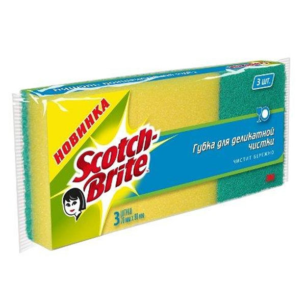 Губка для деликатной чистки Scotch-Brite, 3 шт6152 Губка для деликатной чистки Scotch-Brite, 3 шт6152Набор из 3 губок Scotch-Brite предназначен для ухода за всеми видами поверхностей, в том числе деликатными: за стеклом, пластиком, керамикой, фарфором, хрусталем, кафелем. Губка Scotch-Brite идеально удаляет жир, грязь и пригоревшую пищу. Для удобства применения с одной стороны губки нанесен абразивный слой. Губки сохраняют чистоту и свежесть даже после многократного применения, а их эргономичная форма удобна для руки. Характеристики: Материал: сложные полимеры. Размер: 7 см х 9 см х 2,5 см. Количество: 3 шт. Изготовитель: Россия. Артикул: 6152.