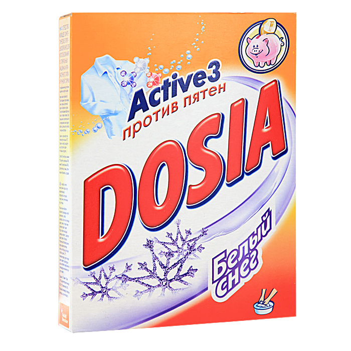 Стиральный порошок Dosia Active 3. Белый снег, 365 г13042 Стиральный порошок Dosia Active 3. Белый снег, 365 г13042Стиральный порошок Dosia Active 3. Белый снег предназначен для стирки в стиральных машинах активаторного типа, также подходит для ручной стирки. Стиральный порошок содержит три активных компонента против различных типов пятен. Эти компоненты воздействуют на волокна ткани и удаляют общие загрязнения, удаляют сложные пятна, отбеливают и придают вещам кристальную белизну.
