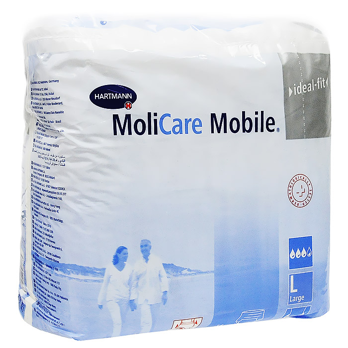 Трусы при недержании Molicare Mobile, L (large), 14 шт915 833 0 Трусы при недержании Molicare Mobile, L (large), 14 шт915 833 0Новое поколение специальных трусов Molicare Mobile при недержании с инновационными характеристиками для людей, ведущих активный образ жизни. Идеально прилегают к телу за счет улучшения эластичных свойств в области ног, бедер и талии. Абсолютно незаметны под одеждой. Улучшенные боковые бортики способствуют дополнительной защите от протекания. Индикатор влагонасыщения гарантирует контроль и своевременную замену. Мягкий дышащий материал обеспечивает свободную циркуляцию воздуха. Трехслойная впитывающая подушка обеспечивает максимальную защиту от протекания. Верхний проводящий спой на основе закрученной целлюлозы оказывает антибактериальный эффект и поддерживает благоприятный для кожи фактор рН 5,5, предупреждая возможные раздражения кожи. Впитывающая подушка благодаря действию суперабсорбента HighDry SAP превращает жидкость в гель и действует как магнит, прочно удерживая жидкость и запах внутри. Дерматологически протестированы, подходят для людей с чувствительной кожей. ...