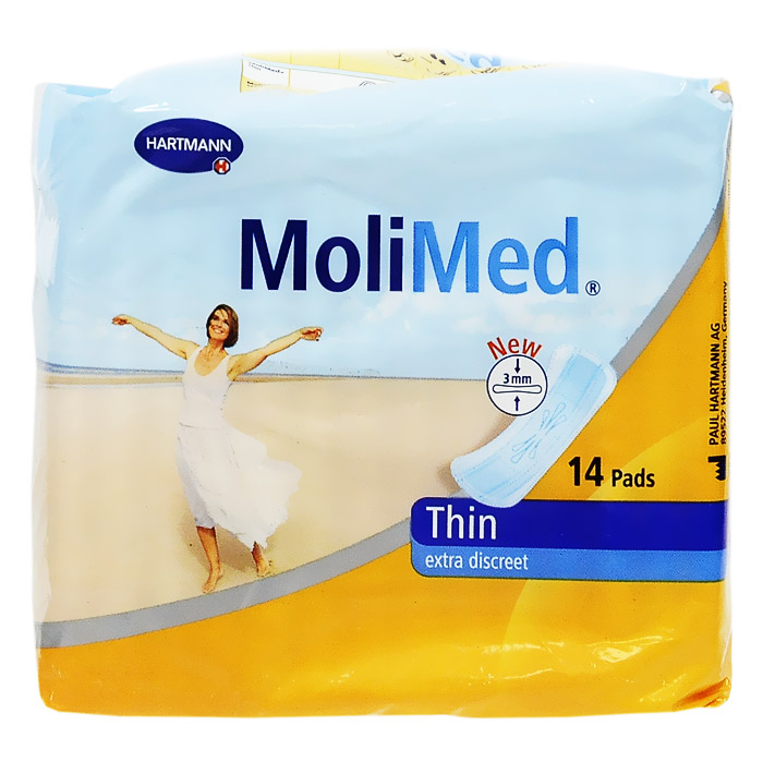 Прокладки для женщин Molimed Thin, ультратонкие, 14 шт168 136 9 Прокладки для женщин Molimed Thin, ультратонкие, 14 шт168 136 9Урологические прокладки Molimed Thin ультратонкие используются при легкой степени недержания у женщин, при обильных выделениях в критические дни, после оперативных вмешательств, во время беременности и в послеродовой период. Прокладки анатомической формы изготовлены из экологически чистого сырья, дерматологически протестированы, предотвращают появление возможных раздражений кожи. Трехслойная впитывающая подушка обеспечивает максимальную защиту от протекания. Нетканый материал, соприкасающийся с кожей, дарит ощущение комфорта. Верхний проводящий слой на основе закрученной целлюлозы оказывает антибактериальный эффект и поддерживает благоприятный для кожи фактор рН 5,5. Впитывающая подушка благодаря действию суперабсорбента HighDry SAP превращает жидкость в гель и действует как магнит, прочно удерживая жидкость и запах внутри. Гипоаллергенны, подходят для чувствительной кожи. Незаметны в носке, широкая кпеющая полоска надежно фиксирует прокладку к белью, препятствуя их смещению.