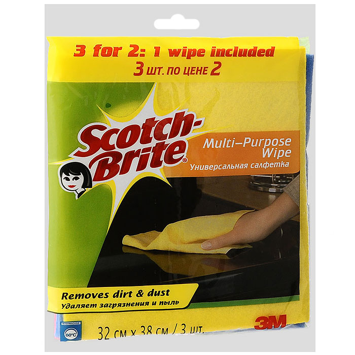 Салфетка Scotch-Brite, универсальная, 2 шт + 1 салфетка в ПОДАРОК11018 Салфетка Scotch-Brite, универсальная, 2 шт + 1 салфетка в ПОДАРОК11018Универсальная салфетка Scotch-Brite идеально подходит для сухой и влажной уборки любых поверхностей. Преимущества: удаляет загрязнения м пыль, легко отжимается, быстро сохнет и не впитывает неприятные запахи, мягкий и долговечный материал, может применяться с бытовыми моющими средствами, многократная машинная стирка при температуре 60°C. Характеристики: Материал: 85% вискоза, 15% полипропилен. Размер: 32 см х 38 см. Количество в упаковке: 3 шт. Изготовитель: Польша. Артикул: 11018.