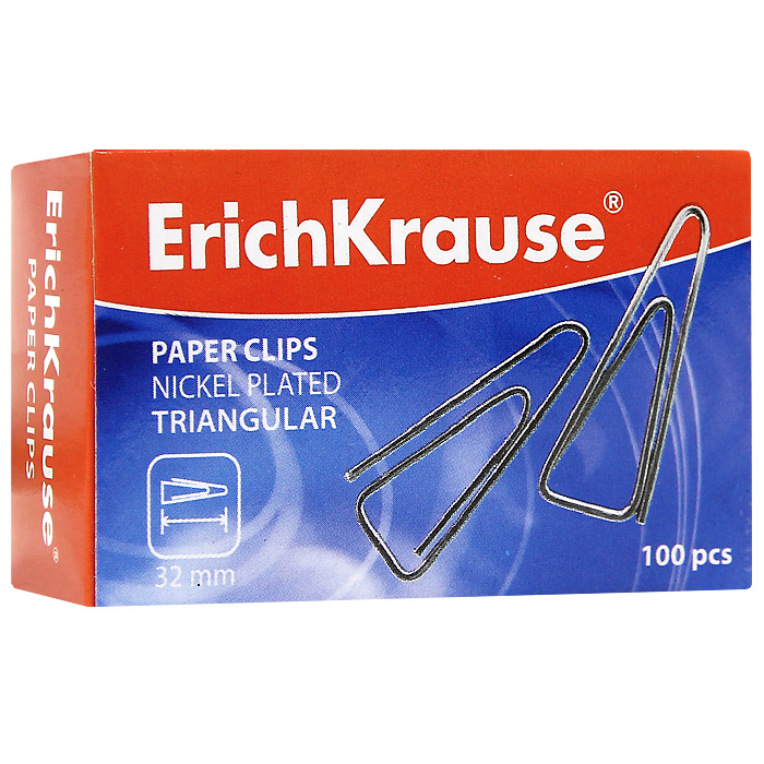 Скрепки никелированные Erich Krause, 32 мм, 100 шт. 2487024870 Скрепки никелированные Erich Krause, 32 мм, 100 шт. 2487024870Скрепки Erich Krause - это универсальный офисный инструмент. Скрепки треугольной формы изготовлены из высококачественной металлической проволоки с никелированным покрытием. Не пачкают и не царапают бумагу. Скрепки Erich Krause обеспечат не только надежное скрепление документов и офисных бумаг, но и добавят ярких красок на ваш рабочий стол. Характеристики: Материал: металл. Покрытие: никель. Размер скрепки: 3,2 см x 1 см. Количество: 100 шт. Размер упаковки: 6,5 см x 4 см x 2,5 см. Изготовитель: Китай.