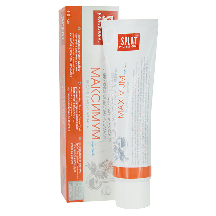 Зубная паста Splat Professional Maximum/Максимум, биоактивная, 100 млМК-149 Зубная паста Splat Professional Maximum/Максимум, биоактивная, 100 млМК-149Инновационная зубная паста с наногидроксиапатитом, ионами цинка и растительными экстрактами предназначена для максимального освежения полости рта, эффективной защиты от кариеса и укрепления эмали. Суперсвежая отбеливающая зубная паста действует эффективно благодаря синергии нанотехнологий и высокой активности природных компонентов. Ионы кальция в наноформе проникают в поврежденные участки эмали и укрепляют ее, действуя идентично пломбе. Отбеливающий компонент Polydon в высокой концентрации обеспечивает удаление налета от табака, чая и кофе. Натуральный фермент Папаин расщепляет белковый налет. Ионы цинка в сочетании с природным антисептиком Тимолом блокируют развитие болезнетворных бактерий, вызывающих неприятный запах изо рта. Инновационная система Luctatol направленно уничтожает кариесогенные бактерии. Не содержит: SLS, триклозан, хлоргексидин, сахаринат, пероксид. Без фтора. Активные компоненты: Наногидроксиапатит, Polydon,...