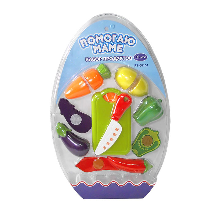 Rinzo Игровой набор Помогаю Маме Набор продуктовPT-00151 (WK-A1193) Rinzo Игровой набор Помогаю Маме Набор продуктовPT-00151 (WK-A1193)Игровой набор Помогаю Маме. Овощи, выполненный из прочного безопасного пластика, отлично подойдет ребенку для различных игр. Набор состоит из муляжей различных продуктов, безопасного пластикового ножа и разделочной доски. Муляжи продуктов разделены на половинки, скрепленные между собой липучкой, которая при разрезании ножиком издает реалистичный звук разрезания. Такой набор станет незаменимым дополнением к кухне вашей маленькой хозяйки, ведь с ним она сможет вкусно накормить всех своих кукол.