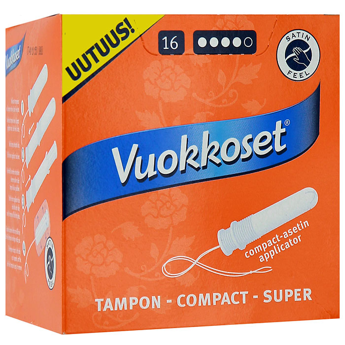 Гигиенические тампоны Vuokkoset Tampon Compact Super, с аппликатором, для обильных выделений, 16 шт88870 Гигиенические тампоны Vuokkoset Tampon Compact Super, с аппликатором, для обильных выделений, 16 шт88870Компактные гигиенические тампоны для обильных выделений Vuokkoset Tampon Compact Super с аппликатором Satin Feel очень удобны в применении в критические дни. Целлюлоза, входящая в состав, очищена кислородом. Без ароматизации и синтетических материалов. Дерматологически протестированы. Каждый тампон в индивидуальной гигиеничной упаковке, что позволяет брать его с собой. Характеристики: Количество: 16 шт. Диаметр тампона: 1,8 см. Размер упаковки: 9,5 см x 9,5 см x 9,5 см. Изготовитель: Финляндия. Товар сертифицирован.