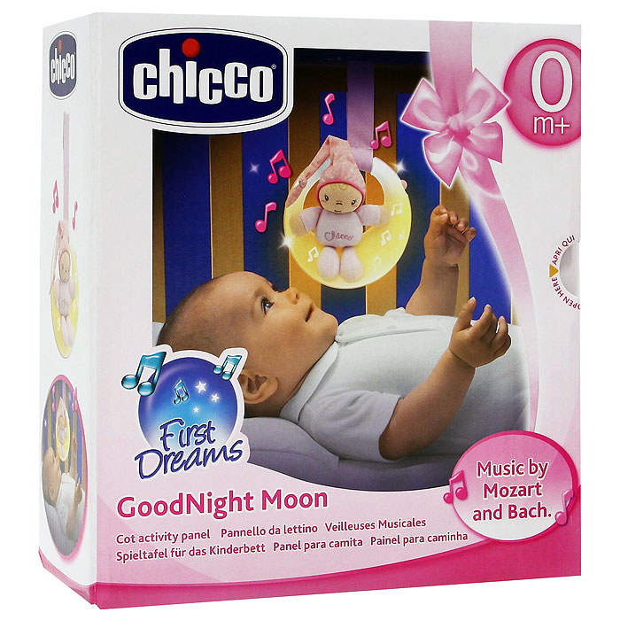 Музыкальная подвеска на кроватку Chicco (Чико) Спокойной ночи, цвет: розовый2426100000 Музыкальная подвеска на кроватку Chicco (Чико) Спокойной ночи, цвет: розовый2426100000Музыкальная подвеска на кроватку Chicco (Чико) Спокойной ночи выполнена в виде луны розово-голубого цвета с маленькой мягкой игрушкой в виде малыша в комбинезоне и колпаке, сидящего на луне. Подвеска будет расслабляюще действовать на ребенка, благодаря тусклому свету и классическим мелодиям. Подвеска оснащена двумя режимами, переключающими с помощью кнопочки: первый режим - музыка и свет, действующий в течение пяти минут и второй режим - только свет, также действующий в течение пяти минут. Огоньки на подвеске загораются и переливаются в такт колыбельной музыке. Музыкальную подвеску можно прикрепить к кроватке при помощи специальной ленточки. Характеристики: Материал: пластик, текстиль, полиэстер. Рекомендуемый возраст: от 0 месяцев. Размер подвески: 15 см х 14 см x 5 см. Длина ленточки: 15 см. Размер упаковки: 19 см х 21 см x 7,5 см. Изготовитель: Китай. Необходимо докупить 2 батареи напряжением 1,5V типа AAA (не входят в комплект).