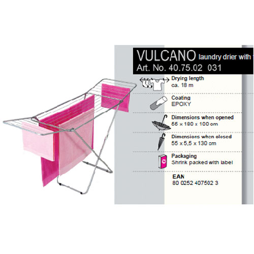 Сушилка для белья Vulcano, напольная, 18 м40.75.02 Сушилка для белья Vulcano, напольная, 18 м40.75.02Напольная сушилка для белья Vulcano изготовлена из окрашенной стали серебристого матового цвета с антикоррозийным составом. Сушилку легко использовать: она не требует сборки, разборки, дополнительных деталей. Ее можно установить на балконе или дома. Сушилка оснащена рейками, общая длина которых составляет 18 метров. Пластиковые крепления в основании стоек предотвратят появление царапин на полу. Сушилка идеальна для сушки изделий из шерсти и деликатных тканей. Сушилка для белья легко складывается и в таком состоянии занимает мало места, потому вам легко будет убрать ее в любое удобное для вас место. Характеристики: Материал: сталь, пластик. Размер сушилки в разложенном виде (Д х Ш х В): 180 см х 55 см х 100 см. Размер сушилки в сложенном виде: 130 см х 55 см х 5 см. Максимальная рабочая длина: 18 м. Артикул: 40.75.02.