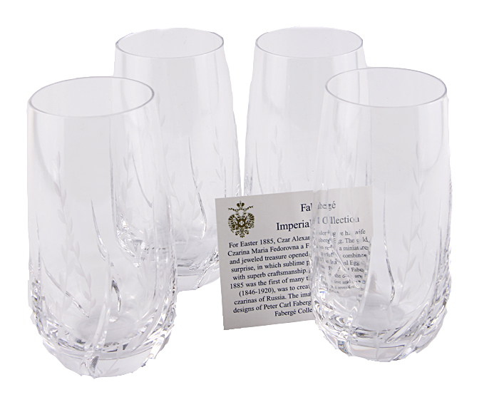 Комплект из 4 стаканов для воды и сока. Хрусталь, гранение, House of Faberge. Конец XX века52134 Комплект из 4 стаканов для воды и сока. Хрусталь, гранение, House of Faberge. Конец XX века52134Комплект из 4 стаканов для воды и сока. Хрусталь, гранение. Западная Европа, Фаберже, конец XX века. Высота бокала 14,5 см, диаметр 7 см. Сохранность очень хорошая. На дне имеются гравировки Faberge. Бокалы сопровождаются сертификатом фирмы Фаберже. Классическое сочетание прозрачного хрусталя и гранения, безупречное качество и верность традициям делают этот набор великолепным подарком и особенным украшением домашней коллекции!