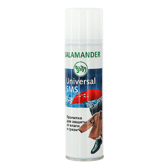 Аэрозоль Salamander Universal SMS, для гладкой кожи, 250 мл0 284 000 Аэрозоль Salamander Universal SMS, для гладкой кожи, 250 мл0 284 000Высококачественная водоотталкивающая пропитка Universal SMS эффективно защищает изделия из гладкой кожи, замши и текстиля от воздействия влаги, грязи, жировых загрязнений и снега. Кожа изделия сохраняет возможность дышать и остаётся эластичной. Пропитка предотвращает образование снежных, водных и солевых разводов.