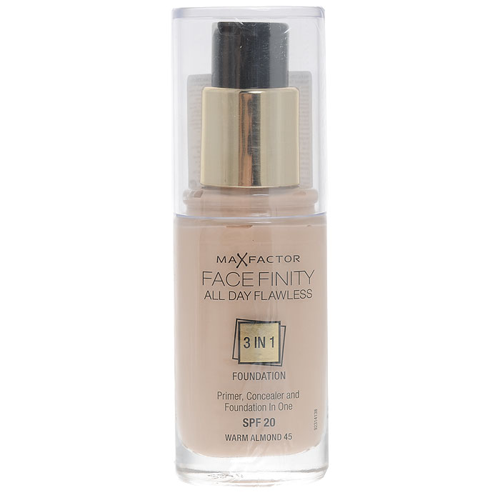 Max Factor Тональная основа 3в1, SPF 20 Facefinity All Day Flawless, тон №45 (warm almond), 30 мл81377975 Max Factor Тональная основа 3в1, SPF 20 Facefinity All Day Flawless, тон №45 (warm almond), 30 мл81377975Max Factor Facefinity All Day Flawless - тональная основа, которая заменит 3 средства одновременно: основу под макияж, корректор и безупречное тональное покрытие, обладает защитой SPF 20. Сочетание этих трех средств дает возможность создать идеальный макияж на весь день! Совершенное средство обеспечит матовость кожи, идеальный тон - что придает вам уверенность на весь день! Если ваша кожа обладает комбинированными свойствами - и сухая и жирная одновременно, то тональная основа будет вашим незаменимым средством и станет настоящей палочкой-выручалочкой для подчеркивания сияния вашей кожи. В основе сияющей и идеально ровной кожи лежит флекси-удерживающая технология, которая создает крепкую, но легкую текстуру, совсем не ощутимую на коже. Далее, микро-корректирующие частички в формуле защищают от внутренних факторов, таких как пот и подкожное сало, корректируя и поддерживая внешний вид кожи в течение долгого времени и предотвращая блеск. Формула основы с защитой от УФ...
