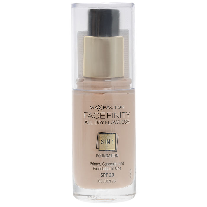 Max Factor Тональная основа 3в1, Facefinity All Day Flawless, SPF 20, тон №75 (golden), 30 мл81377981 Max Factor Тональная основа 3в1, Facefinity All Day Flawless, SPF 20, тон №75 (golden), 30 мл81377981Max Factor Facefinity All Day Flawless - тональная основа, которая заменит 3 средства одновременно: основу под макияж, корректор и безупречное тональное покрытие, обладает защитой SPF 20. Сочетание этих трех средств дает возможность создать идеальный макияж на весь день! Совершенное средство обеспечит матовость кожи, идеальный тон - что придает вам уверенность на весь день! Если ваша кожа обладает комбинированными свойствами - и сухая и жирная одновременно, то тональная основа будет вашим незаменимым средством и станет настоящей палочкой-выручалочкой для подчеркивания сияния вашей кожи. В основе сияющей и идеально ровной кожи лежит флекси-удерживающая технология, которая создает крепкую, но легкую текстуру, совсем не ощутимую на коже. Далее, микро-корректирующие частички в формуле защищают от внутренних факторов, таких как пот и подкожное сало, корректируя и поддерживая внешний вид кожи в течение долгого времени и предотвращая блеск. Формула основы с защитой от УФ...
