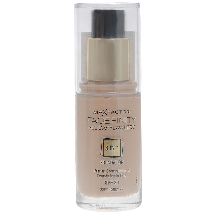 Max Factor Тональная основа 3в1, SPF 20 Facefinity All Day Flawless, тон №77 (soft honey), 30 мл81377982 Max Factor Тональная основа 3в1, SPF 20 Facefinity All Day Flawless, тон №77 (soft honey), 30 мл81377982Max Factor Facefinity All Day Flawless - тональная основа, которая заменит 3 средства одновременно: основу под макияж, корректор и безупречное тональное покрытие, обладает защитой SPF 20. Сочетание этих трех средств дает возможность создать идеальный макияж на весь день! Совершенное средство обеспечит матовость кожи, идеальный тон - что придает вам уверенность на весь день! Если ваша кожа обладает комбинированными свойствами - и сухая и жирная одновременно, то тональная основа будет вашим незаменимым средством и станет настоящей палочкой-выручалочкой для подчеркивания сияния вашей кожи. В основе сияющей и идеально ровной кожи лежит флекси-удерживающая технология, которая создает крепкую, но легкую текстуру, совсем не ощутимую на коже. Далее, микро-корректирующие частички в формуле защищают от внутренних факторов, таких как пот и подкожное сало, корректируя и поддерживая внешний вид кожи в течение долгого времени и предотвращая блеск. Формула основы с защитой от УФ...