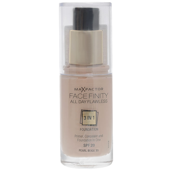 Max Factor Тональная основа 3в1 Facefinity All Day Flawless, SPF 20, тон №35 (pearl beige), 30 мл81377971 Max Factor Тональная основа 3в1 Facefinity All Day Flawless, SPF 20, тон №35 (pearl beige), 30 мл81377971Max Factor Facefinity All Day Flawless - тональная основа, которая заменит 3 средства одновременно: основу под макияж, корректор и безупречное тональное покрытие, обладает защитой SPF 20. Сочетание этих трех средств дает возможность создать идеальный макияж на весь день! Совершенное средство обеспечит матовость кожи, идеальный тон - что придает вам уверенность на весь день! Если ваша кожа обладает комбинированными свойствами - и сухая и жирная одновременно, то тональная основа будет вашим незаменимым средством и станет настоящей палочкой-выручалочкой для подчеркивания сияния вашей кожи. В основе сияющей и идеально ровной кожи лежит флекси-удерживающая технология, которая создает крепкую, но легкую текстуру, совсем не ощутимую на коже. Далее, микро-корректирующие частички в формуле защищают от внутренних факторов, таких как пот и подкожное сало, корректируя и поддерживая внешний вид кожи в течение долгого времени и предотвращая блеск. Формула основы с защитой от УФ...