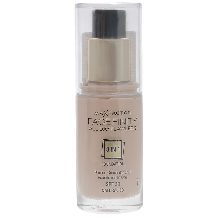 Max Factor Тональная основа 3в1 Facefinity All Day Flawless, SPF 20, тон №50 (natural), 30 мл81377977 Max Factor Тональная основа 3в1 Facefinity All Day Flawless, SPF 20, тон №50 (natural), 30 мл81377977Max Factor Facefinity All Day Flawless - тональная основа, которая заменит 3 средства одновременно: основу под макияж, корректор и безупречное тональное покрытие, обладает защитой SPF 20. Сочетание этих трех средств дает возможность создать идеальный макияж на весь день! Совершенное средство обеспечит матовость кожи, идеальный тон - что придает вам уверенность на весь день! Если ваша кожа обладает комбинированными свойствами - и сухая и жирная одновременно, то тональная основа будет вашим незаменимым средством и станет настоящей палочкой-выручалочкой для подчеркивания сияния вашей кожи. В основе сияющей и идеально ровной кожи лежит флекси-удерживающая технология, которая создает крепкую, но легкую текстуру, совсем не ощутимую на коже. Далее, микро-корректирующие частички в формуле защищают от внутренних факторов, таких как пот и подкожное сало, корректируя и поддерживая внешний вид кожи в течение долгого времени и предотвращая блеск. Формула основы с защитой от УФ...