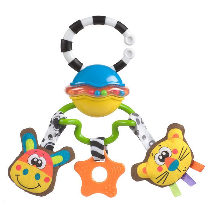 Музыкальная игрушка-подвеска Playgro Сафари0182253 Музыкальная игрушка-подвеска Playgro Сафари0182253Музыкальная игрушка-подвеска Playgro Сафари не позволит скучать вашему малышу! Игрушка выполнена из безопасного пластика с использованием текстиля, в виде подвески с двумя игрушками-животными (музыкальная лошадка и тигренок с безопасным зеркальцем) и прорезывателем посередине. Игрушки легко снимаются с подвески. Специальное кольцо, прикрепленное к вершине подвески, предназначено для удобного крепления подвески к коляске, кроватке или дуге коврика. Погремушка выполнена с учетом маленьких ручек малыша. Музыкальная игрушка-подвеска Playgro Сафари поможет ребенку развить мелкую моторику рук, зрительное и слуховое восприятие и тактильные ощущения.