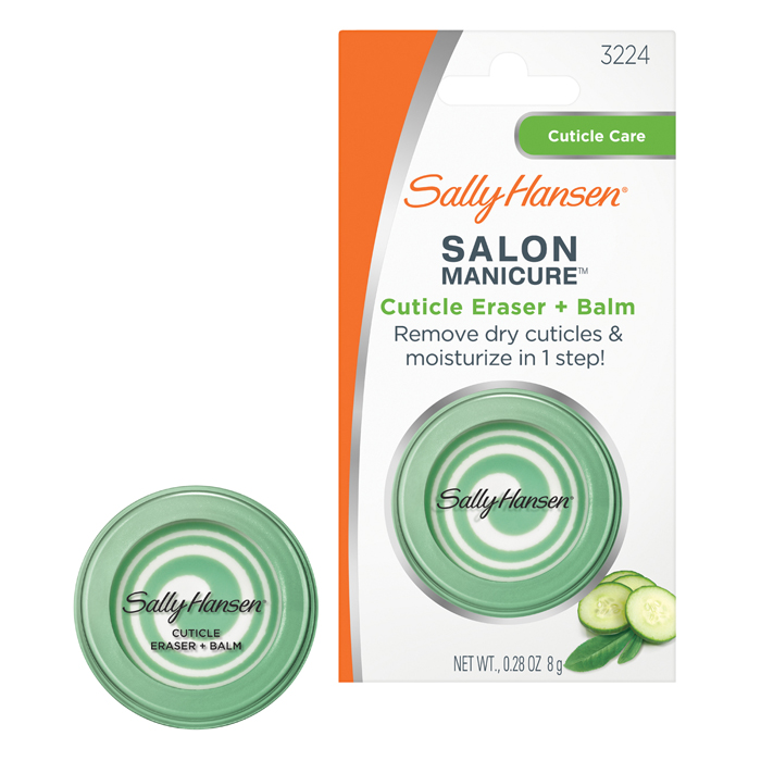 Sally Hansen Бальзам для питания и шлифовки кутикулы Salon Manicure Cuticle Eraser + Balm, 8 г30072850000 Sally Hansen Бальзам для питания и шлифовки кутикулы Salon Manicure Cuticle Eraser + Balm, 8 г30072850000Комбинация компонентов для удаления и смягчения кутикулы, позволяющая удалить сильно отросшую кутикулу и заусенцы, увлажняя ногти и улучшая состояние кутикулы. Протестированная в профессиональных салонах формула 2 в 1, содержит экстракты огурца и белого чая, быстро и деликатно размягчает и шлифует жесткую, трудноудалимую кутикулу, интенсивно увлажняя кожу. Результат: здоровая, ухоженная и хорошо увлажненная кутикула, которая выглядит на 80% ровнее (по результатам потребительского теста). Применение : вмассируйте небольшое количество средства до полного впитывания. Средство можно использовать ежедневно. Характеристики: Вес: 8 г. Производитель: США. Артикул: 3224. Товар сертифицирован.