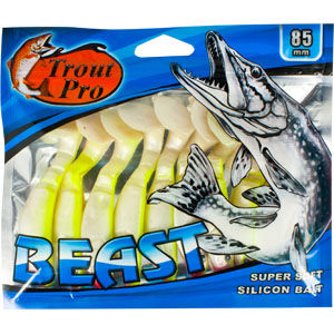 Риппер Trout Pro Beast, длина 8,5 см, 10 шт. 3521335213 Риппер Trout Pro Beast, длина 8,5 см, 10 шт. 3521335213Риппер предназначен для джиговой ловли хищной рыбы: окуня, судака, щуки. Специальная пластина на тонком основании делает приманку более гибкой и подвижной, что придает ей усиленные колебательные движения. Характеристики: Длина: 8,5 см. Цвет тела: 146 (перламутровый с лимонным). Материал: эластичный полимер. Размер упаковки: 16,8 см х 14,4 см х 0,9 см. Артикул: 35213.