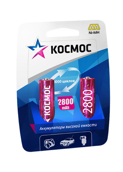 Аккумулятор Ni-MH Космос, тип АА (R6), 2800mAh, 2 штKOCR6NIMH2800MAH2BL Аккумулятор Ni-MH Космос, тип АА (R6), 2800mAh, 2 штKOCR6NIMH2800MAH2BLНикель-металл-гидридные аккумуляторы Космос обладают высокой емкостью, отсутствием эффекта памяти, возможностью быстрого заряда. Используются в цифровых фотокамерах, телефонах DECT, беспроводных джойстиках, и других устройств с высоким энергопотреблением. Характеристики: Тип аккумулятора: Ni-MH / АА (R6). Емкость одной аккумуляторной батареи: 2800mAh. Выходное напряжение одной аккумуляторной батареи: 1,2 В. Комплектация: 2 шт. Производитель: Россия. Изготовитель: Китай. Космос - российский бренд электротоваров, созданный, чтобы обеспечить отечественного покупателя качественной энергосберегающей и энергоэффективной продукцией в категориях: Лампы, светильники Сезонные электротовары Элементы питания, фонари Электроустановочные изделия. Лучшие заводы шести стран мира: Россия, Украина, Белоруссия, Китай, Корея, Япония производят товары Космос на базе современных технологий.