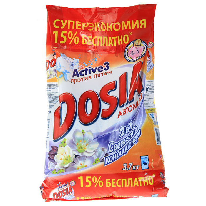 Стиральный порошок Dosia Свежесть кондиционера, автомат, 3,7 кг7504180 Стиральный порошок Dosia Свежесть кондиционера, автомат, 3,7 кг7504180Стиральный порошок Dosia Свежесть кондиционера предназначен для стирки в стиральных машинах любого типа, также подходит для ручной стирки. Стиральный порошок содержит комплекс элементов, благодаря которым белье после стирки становиться чистым и свежим. Стиральный порошок Dosia Свежесть кондиционера для цветного белья бережно удаляет пятна, сохраняя свежий цвет ваших вещей стирка за стиркой. Порошок содержит компоненты, помогающие защитить стиральную машину от накипи и известкового налета.