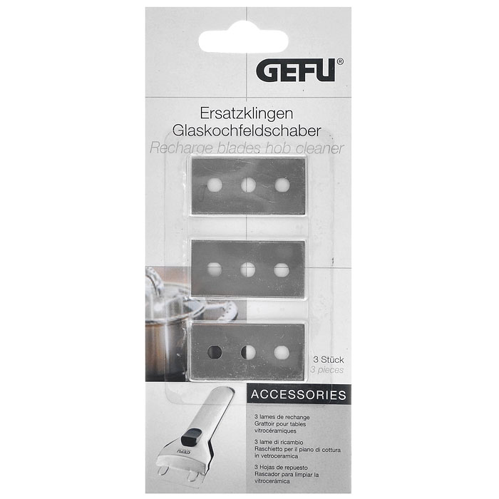 Запасные лезвия для скребка Gefu, 3 шт12455 Запасные лезвия для скребка Gefu, 3 шт12455Запасные лезвия для скребка Gefu выполнены из нержавеющей стали. Используются для бережного и деликатного ухода за кухонными стеклокерамическими плитами, стеклянными поверхностями, кафелем. Эффективно и быстро удаляет устойчивые, затвердевшие загрязнения, остатки пригоревшей пищи, не царапая и не повреждая обрабатываемые поверхности. Характеристики: Материал: нержавеющая сталь. Размеры лезвия: 4,3 см х 2,2 см х 0,1 см. Комплектация: 3 шт. Артикул: 12455.