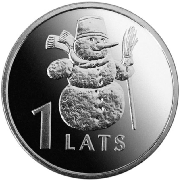 Монета номиналом 1 лат Снеговик. Медно-никелевый сплав. Латвия, 2007 годL2070 E Монета номиналом 1 лат Снеговик. Медно-никелевый сплав. Латвия, 2007 годL2070 EМонета номиналом 1 лат Снеговик. Медно-никелевый сплав. Латвия, 2007 год Диаметр 2,1 см. Сохранность UNC (без обращения).