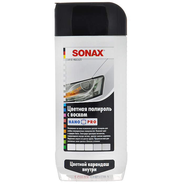 Цветной полироль Sonax, цвет: белый, воск + карандаш, 500 мл296000 Цветной полироль Sonax, цвет: белый, воск + карандаш, 500 мл296000Цветной полироль с воском Sonax очищает, полирует и консервирует лакокрасочные покрытия всех типов. Сочетается со всеми оттенками белого. Благодаря красящим пигментам маскируются мелкие царапины и повреждения. Глубокие сколы и царапины устраняются при помощи цветного карандаша. Характеристики: Объем: 500 мл. Цвет: белый. Артикул: 296000. Товар сертифицирован.
