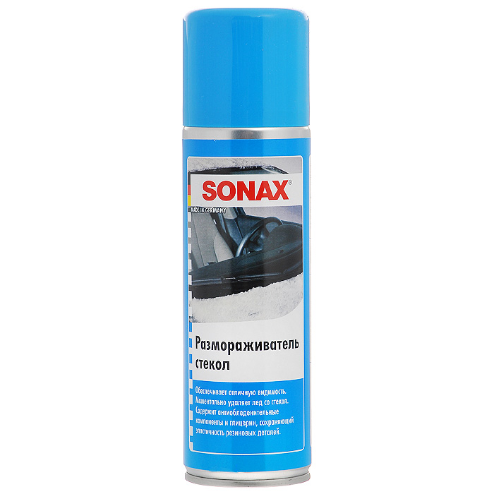 Размораживатель стекол Sonax, 300 мл331200 Размораживатель стекол Sonax, 300 мл331200Размораживатель Sonax мгновенно очищает поверхность стекла. Предотвращает повторное обледенение и обеспечивает отличную видимость. Не требует механического удаления льда, защищая тем самым стекло от появления царапин. Характеристики: Объем: 300 мл. Артикул: 331200. Товар сертифицирован.