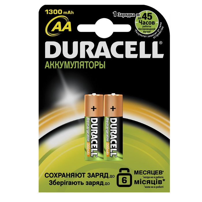 Набор аккумуляторов Duracell, AA NiMH 1300 mAh, 2 штDRC-81472334 Набор аккумуляторов Duracell, AA NiMH 1300 mAh, 2 штDRC-81472334Никель-металлгидридные аккумуляторы Duracell - идеальное решение для цифровых приборов с высоким потреблением энергии. Их основное преимущество перед другими типами аккумуляторов заключается в более продолжительном времени работы в течение одного цикла зарядки. Используя такой аккумулятор, можно не беспокоиться, что фотоаппарат разрядится или МРЗ-плеер выключится в самый неподходящий момент. Никель-металлгидридные аккумуляторы практически избавлены от эффекта памяти. Аккумулятор можно заряжать не полностью разряженный, если он не хранился больше нескольких дней в таком состоянии. Если аккумулятор был частично разряжен, а затем не использовался более 30 дней, то перед зарядкой его необходимо полностью разрядить.