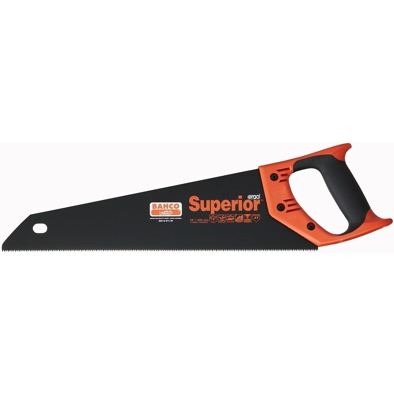 Ножовка по дереву Bahco Superior, 40 см. 2600-16-XT11-HP2600-16-XT11-HP Ножовка по дереву Bahco Superior, 40 см. 2600-16-XT11-HP2600-16-XT11-HPНожовка по дереву Bahco предназначена для пиления древесины мягких и твердых пород, фанеры, ДСП, ПХВ. Эргономичная рукоятка позволяет точно вести инструмент во время работы. Уникальная геометрия закаленного зуба XT позволяет ножовке оставаться острой на протяжении долгого времени. Увеличенная толщина полотна обеспечивает высокоточный прямой пропил и исключительную стабильность. Имеет низкофрикционное антикоррозийное покрытие. Двухкомпонентная рукоятка позволяет размечать углы в 45° и 90°.