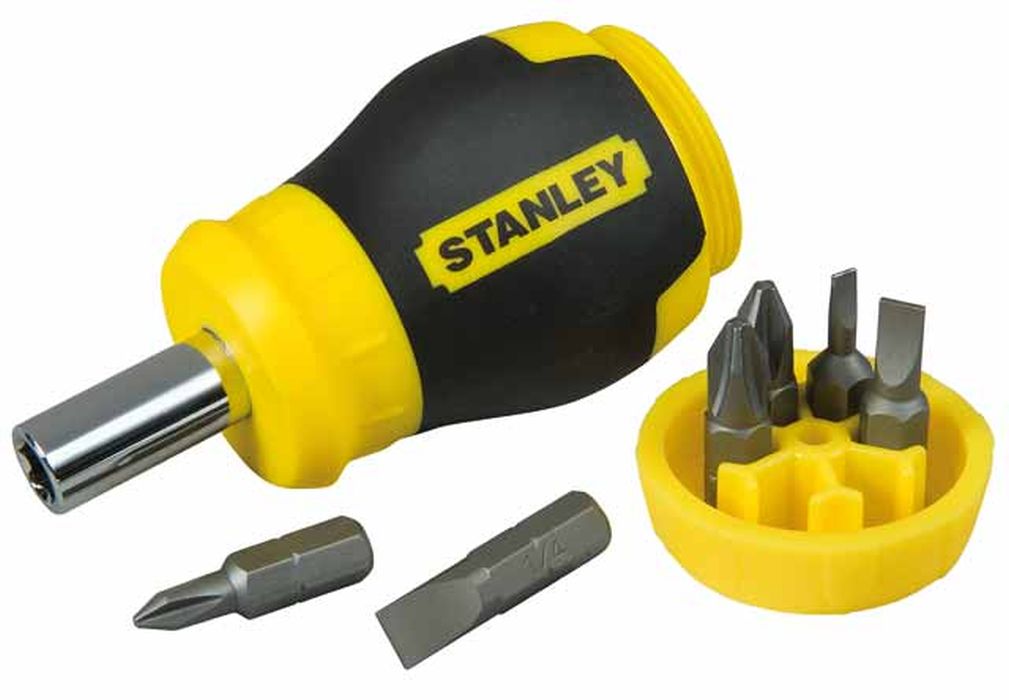 Отвертка Stanley Stubby Multibi +6 бит0-66-357 Отвертка Stanley Stubby Multibi +6 бит0-66-357Отвертка реверсивная с битами Stanley предназначена для монтажа/демонтажа резьбовых соединений с применением значительных усилий. Рукоятка, выполненная из двух материалов, с текстурой, для обеспечения максимального крутящего момента и комфорта пользователя. Имеет магнитный наконечник. В состав набора входят Отвертка для бит. Биты шлицевые: 4,5 мм, 6 мм. Биты крестовые: PH1, PH2, PZ1, PZ2.