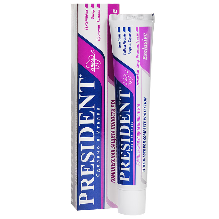 President Зубная паста Exclusive, комплексная защита полости рта, 75 мл4310-500784 President Зубная паста Exclusive, комплексная защита полости рта, 75 мл4310-500784Зубная паста President Exclusive - предотвращение кариеса, свежесть дыхания. Профилактика воспалений, природная защита микрофлоры. Syloblanc (контролируемая образованность RDA 75) - аморфный и химически-инертный кремний обеспечивает эффективное и безопасное удаление зубного налета, предотвращает образование зубного камня. Характеристики: Объем: 75 мл. Производитель: Италия. Товар сертифицирован.