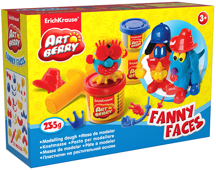 Набор для лепки (на растительной основе) Funny Faces, 3 цвета30384 Набор для лепки (на растительной основе) Funny Faces, 3 цвета30384Пластилин на растительной основе Funny Faces - увлекательная игрушка, развивающая у ребенка мелкую моторику рук, воображение и творческое мышление. Пластилин легко разминается, не липнет к рукам и рабочей поверхности, не пачкает одежду. Цвета смешиваются между собой, образуя новые оттенки. Пластилин застывает на открытом воздухе через 24 часа. Набор содержит пластилин 3 цветов (желтого, красного, синего), 2 забавные сборные фигурки, пресс и стек. Пластилин каждого цвета хранится в отдельной пластиковой баночке. С пластилином на растительной основе Funny Faces ваш ребенок будет часами занят игрой.