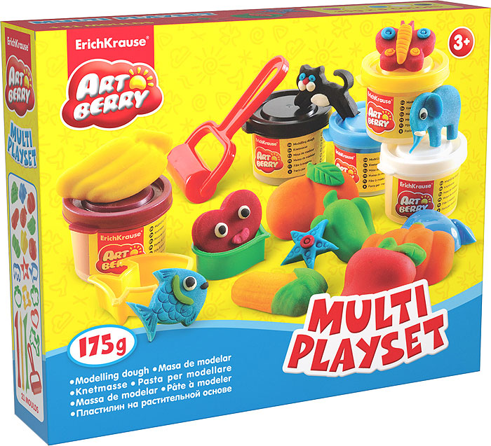 Набор для лепки Multi Playset, 26 предметов30387 Набор для лепки Multi Playset, 26 предметов30387Набор для лепки Multi Playset предназначен для лепки и моделирования. Пластилин на растительной основе обладает отличными пластичными свойствами, быстро размягчается, хорошо держит форму и не липнет к рукам. Легко отмывается с рук и отстирывается от одежды. В наборе пластилин пяти цветов: голубого, черного, желтого, коричневого и белого, девять объемных формочек в виде овощей и фруктов, восемь различных пресс-формочек, три стека и ролик. Каждый брусочек пластилина упакован в пластиковую баночку с крышкой, цвет которой соответствуют цвету пластилина. Занятия лепкой помогут ребенку развить творческие способности, воображение, мелкую моторику рук и сенсорное восприятие.