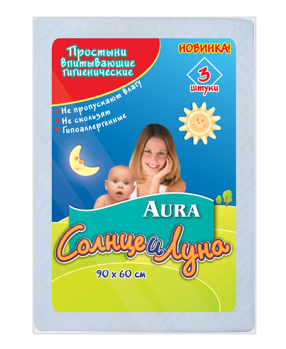 Простыни впитывающие гигиенические Aura Солнце и Луна, 90 см х 60 см, 3 шт3337 Простыни впитывающие гигиенические Aura Солнце и Луна, 90 см х 60 см, 3 шт3337Впитывающие гигиенические простыни Aura Солнце и Луна предназначены для дополнительной защиты постельного белья при уходе за детьми. Поверхность из мягкого нетканого материала не раздражает кожу. Специальная пробивка и внутренний слой из распушенной целлюлозы обеспечивают быстрое впитывание и распределение влаги. Внутренний слой простыни представляет собой нескользящую защитную пленку, препятствующую протеканию. Края простыни надежно скреплены для лучшей защиты. Простыни удобны во время смены подгузника. В комплект входят 3 одноразовые простыни. Характеристики: Материал: распушенная целлюлоза, нетканный материал, полиэтилен, медицинская бумага. Размер простыни: 90 см x 60 см.
