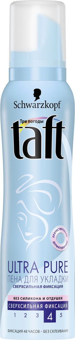 Taft Пена Ultra Pure, для укладки, сверхсильная фиксация, 150 мл9063422 Taft Пена Ultra Pure, для укладки, сверхсильная фиксация, 150 мл9063422Пена Taft Ultra Pure на 40% более легкая формула. Без силикона и отдушек, не утяжеляет волосы - протестировано дерматологами. Инновационные полимеры Ultra Pure предлагают сверхсильную фиксацию, которые не причиняет дискомфорта и обеспечивают естественную укладку без склеивания. Не оставляет налета на волосах. Легко удаляется при расчесывании. Характеристики: Объем: 150 мл. Артикул: 1707263. Производитель: Россия. Товар сертифицирован.