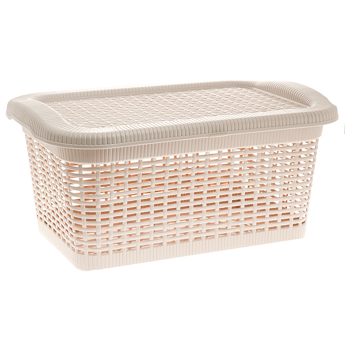 Корзина Rattan с закрепленной крышкой, цвет: бледно-бежевый, 40 л2170_ бледно-бежевый Корзина Rattan с закрепленной крышкой, цвет: бледно-бежевый, 40 л2170_ бледно-бежевыйПрямоугольная корзина Rattan изготовлена из прочного пластика бледно-бежевого цвета. Она предназначена для хранения мелочей в ванной, на кухне, даче или гараже. Позволяет хранить мелкие вещи, исключая возможность их потери. Корзина с отверстиями на стенках и крышке в виде плетения и со сплошным дном. Корзина имеет плотно закрывающуюся закрепленную крышку. Сбоку имеются две ручки для удобной переноски.