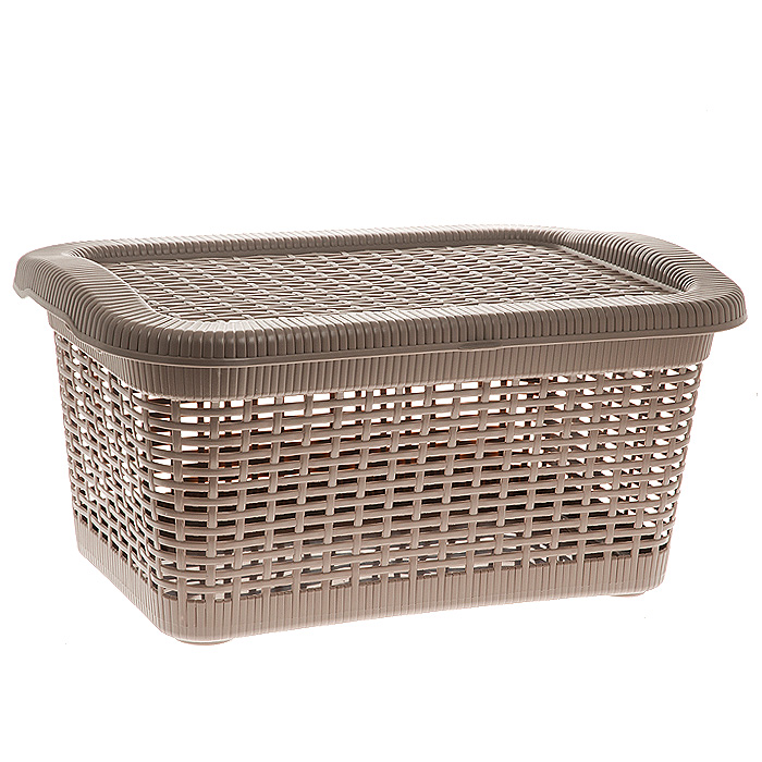 Корзина Rattan с крышкой, цвет: темно-бежевый, 40 л2169_ темно-бежевый Корзина Rattan с крышкой, цвет: темно-бежевый, 40 л2169_ темно-бежевыйПрямоугольная корзина Rattan изготовлена из прочного пластика темно-бежевого цвета. Она предназначена для хранения мелочей в ванной, на кухне, даче или гараже. Позволяет хранить мелкие вещи, исключая возможность их потери. Корзина с отверстиями на стенках и крышке в виде плетения и со сплошным дном. Корзина имеет плотно закрывающуюся съемную крышку. Сбоку имеются две ручки для удобной переноски. Характеристики: Материал: пластик. Цвет: темно-бежевый. Объем корзины: 40 л. Размер корзины (Ш х Д х В): 59 см х 40 см х 29 см. Артикул: 2169.