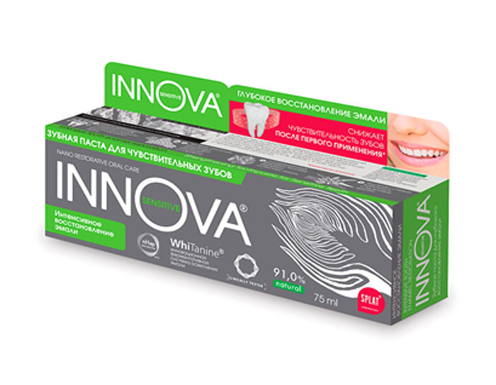 Innova Sensitive Зубная паста Интенсивное восстановление эмали, для чувствительных зубов, 75 млИИ-137 Innova Sensitive Зубная паста Интенсивное восстановление эмали, для чувствительных зубов, 75 млИИ-137Зубная паста Innova Sensitive Интенсивное восстановление эмали - укрепляющая зубная паста с наногидроксиапатитом - активным веществом, из которого состоит зубная эмаль, компонентом Кальцис - легкоусвояемой формой кальция, отбеливающим ферментом Tannase, экстрактами стевии и косточек винограда. Зубная паста Innova Sensitive с терапевтической дозировкой гидроксиапатита (2,25%) в активной наноформе проникает глубоко в открытые дентинные канальцы и полностью их закрывает, укрепляет эмаль и снижает чувствительность зубов, в том числе в пришеечной области.