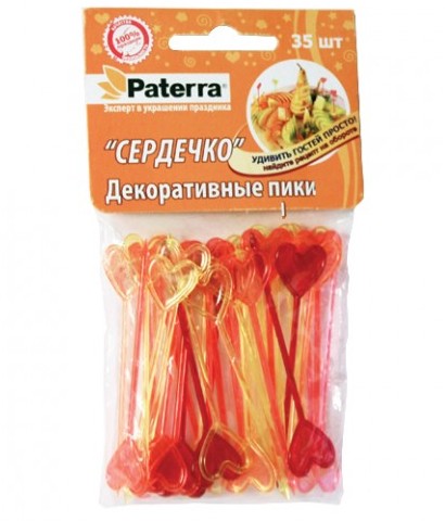 Пики для канапе Paterra Сердечко, 35 шт. 401-764401-764 Пики для канапе Paterra Сердечко, 35 шт. 401-764401-764Декоративные пики Paterra Сердечко помогут вам создать миниатюрные канапе из самых простых продуктов, сделают десерт аппетитнее, а напиток вкуснее. Представьте, насколько ярким и красивым станет ваш праздничный стол, и как будут приятно удивлены гости мастерством хозяйки. Украшая такими пиками детские блюда, вам легко и быстро удастся превратить полезные блюда в супервкусные. Станьте оригинальной хозяйкой с пиками Paterra! Характеристики: Материал: полистирол. Длина пики: 8,5 см. Комплектация: 35 шт. Артикул: 401-764.