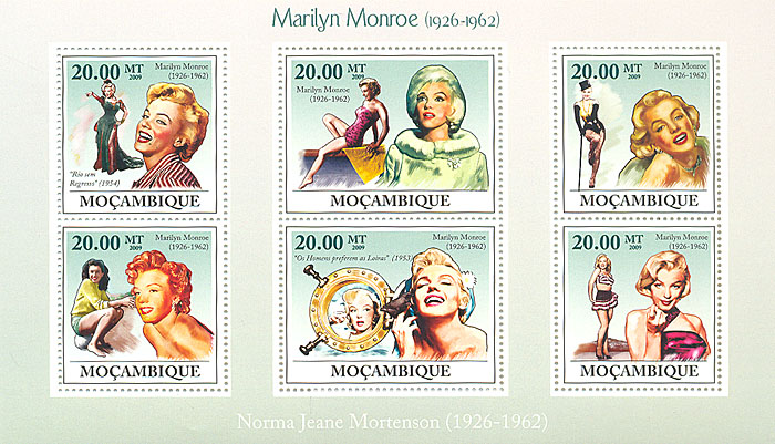 Малый лист Мэрилин Монро. Мозамбик. 2009 годL2070 E Малый лист Мэрилин Монро. Мозамбик. 2009 годL2070 EМалый лист Мэрилин Монро. Мозамбик. 2009 год. Размер марок 5 х 4 см, размер блока 10,5 х 17 см. Сохранность хорошая.