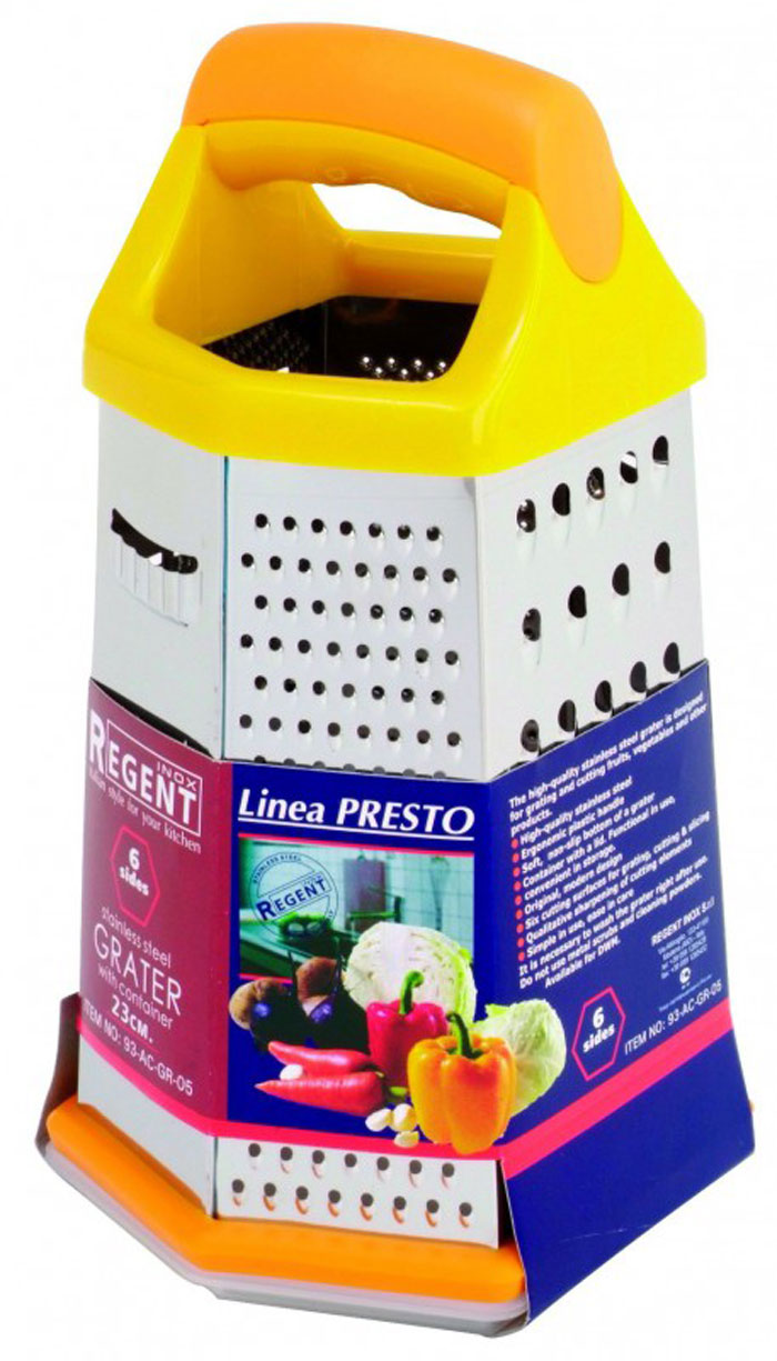Терка Regent Inox Presto шестигранная, цвет: оранжевый, стальной, с контейнером93-AC-GR-05 Терка Regent Inox Presto шестигранная, цвет: оранжевый, стальной, с контейнером93-AC-GR-05Терка Regent Inox Presto выполнена из высококачественной нержавеющей стали. Терка предназначена для измельчения и нарезки фруктов, овощей и других продуктов. В комплект входит функциональный в использовании и удобный в хранении контейнер с крышкой. Преимущества терки Regent Inox Presto: - эргономичная пластиковая ручка, - мягкое нескользящее основание терки, - оригинальный современный дизайн, - шесть режущих поверхностей для шинковки, крупной и мелкой нарезки, - качественная заточка режущих элементов, - простота в использовании, легкость в уходе. Терку необходимо мыть сразу после использования. Не используйте для чистки жесткие предметы, металлические мочалки и чистящие порошки.