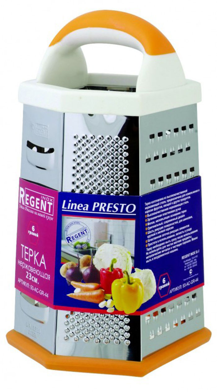 Терка Regent Inox Presto шестигранная, цвет: оранжевый, белый, стальной, 23 см. 93-AC-GR-4493-AC-GR-44 Терка Regent Inox Presto шестигранная, цвет: оранжевый, белый, стальной, 23 см. 93-AC-GR-4493-AC-GR-44Терка Regent Inox Presto выполнена из высококачественной нержавеющей стали. Терка предназначена для измельчения и нарезки фруктов, овощей и других продуктов. Преимущества терки Regent Inox Presto: - эргономичная пластиковая ручка, - мягкое нескользящее основание терки, - оригинальный современный дизайн, - шесть режущих поверхностей для шинковки, крупной и мелкой нарезки, - качественная заточка режущих элементов, - простота в использовании, легкость в уходе. Терку необходимо мыть сразу после использования. Не используйте для чистки жесткие предметы, металлические мочалки и чистящие порошки.