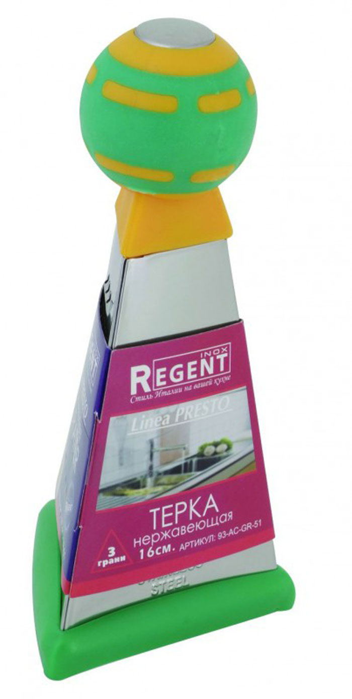 Терка Regent Inox Presto трехгранная, цвет: зелёный, оранжевый, стальной, 16 см93-AC-GR-51 Терка Regent Inox Presto трехгранная, цвет: зелёный, оранжевый, стальной, 16 см93-AC-GR-51Терка Regent Inox Presto выполнена из высококачественной нержавеющей стали. Терка предназначена для измельчения и нарезки фруктов, овощей и других продуктов. Благодаря компактным размерам терка займет мало места на Вашей кухне. Преимущества терки Regent Inox Presto: - эргономичная пластиковая круглая ручка, - мягкое нескользящее основание терки, - оригинальный современный дизайн, - три режущие поверхности для крупной и мелкой нарезки, - качественная заточка режущих элементов, - простота в использовании, легкость в уходе. Терку необходимо мыть сразу после использования. Не используйте для чистки жесткие предметы, металлические мочалки и чистящие порошки.