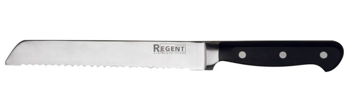 Нож хлебный Regent Inox Master, длина лезвия 20 см - Regent Inox93-FPO4-2 Нож хлебный Regent Inox Master, длина лезвия 20 см - Regent Inox93-FPO4-2Хлебный нож Regent Inox Master изготовлен из высококачественной нержавеющей стали. Острое лезвие ножа имеет ровную поверхность и выверенный угол заточки. Специальная закалка металла повышает прочность изделия. Сбалансированность ножа обеспечивает приложение минимальных усилий при резке. Лезвие ножа не впитывает запахи и не оставляет запаха на продуктах. Оригинальная и практичная ручка выполнена из бакелита. Длинное зубчатое лезвие позволяет легко резать, а не мять хлеб и другие продукты с твердой коркой и мягкой серединой (в том числе и ананас). Такой нож займет достойное место среди аксессуаров на вашей кухне.